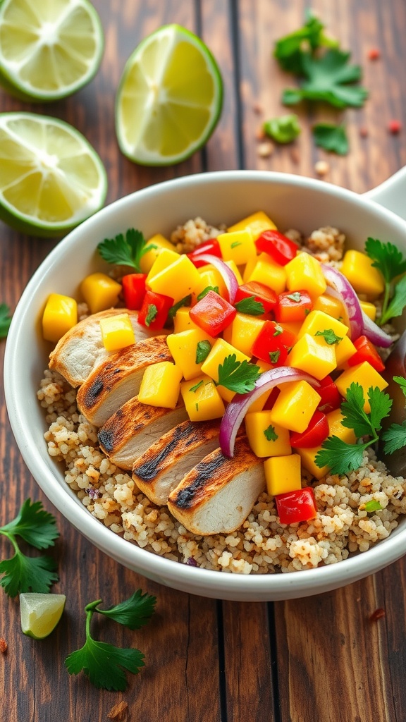 A colorful quinoa bowl with grilled chicken and mango salsa on a rustic table.